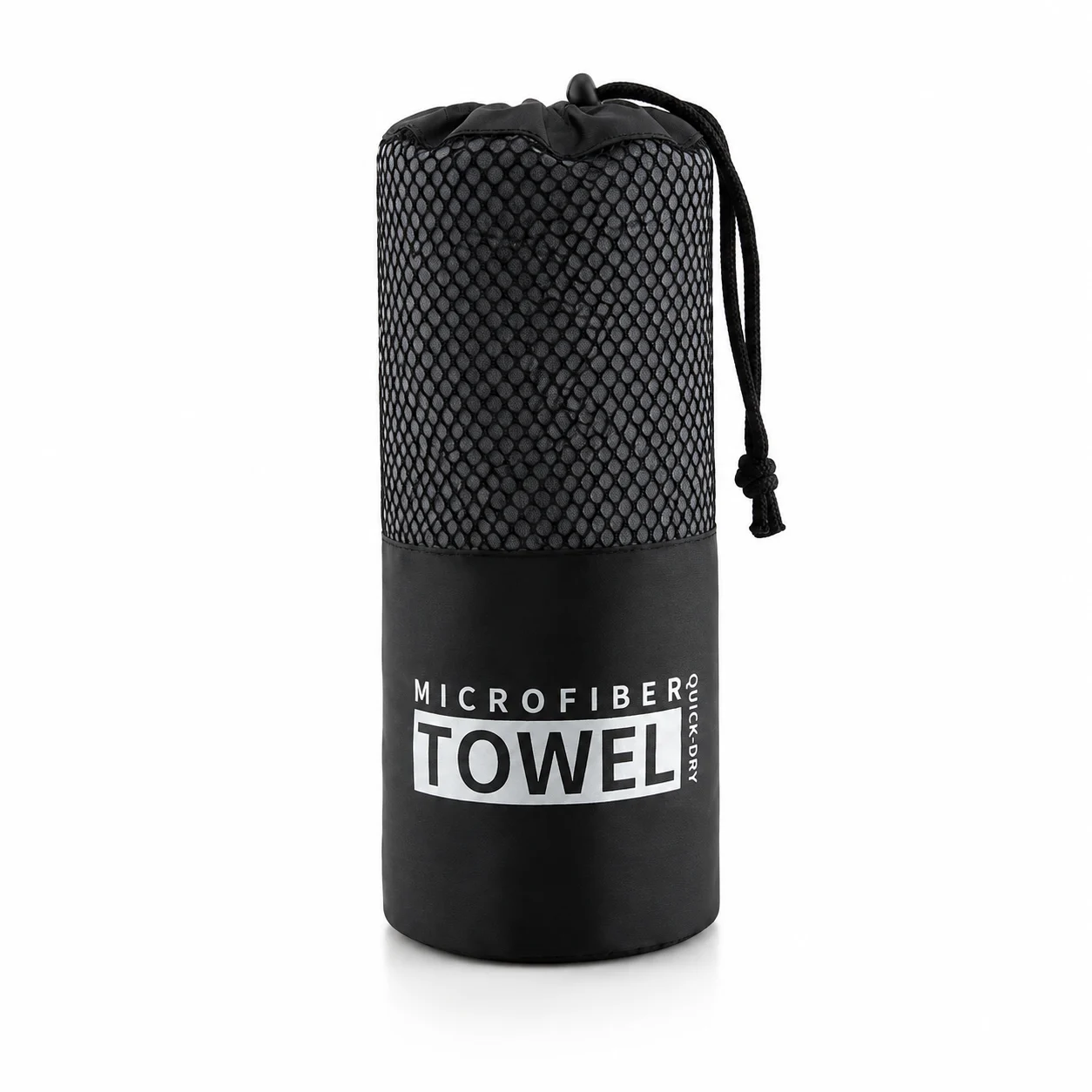 Black microfiber towel in a mesh drawstring pouch labeled 'MICROFIBER Towel' for quick-dry use.