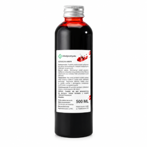 500 ml bottle of synthetic blood with a white label and red splashes on a dark glass bottle with a silver cap