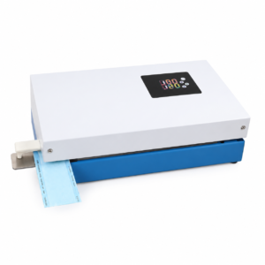 White desktop printer with a blue base, feeding out a light blue printed strip from the side