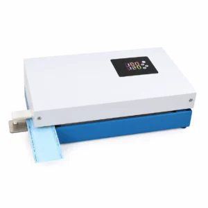 White desktop printer with a blue base, feeding out a light blue printed strip from the side
