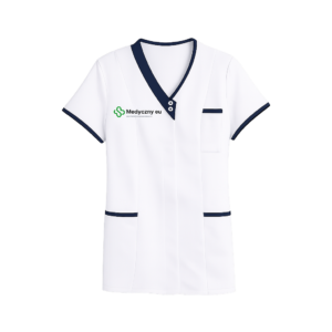 White medical scrub top with navy trim and a chest pocket, displaying the logo 'Medyczny eu' on the left.