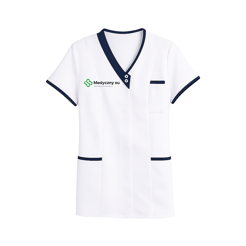 White medical scrub top with navy trim and a chest pocket, displaying the logo 'Medyczny eu' on the left.