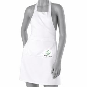 White apron with neck strap and front pocket on a gray mannequin; features a green Medyczny.eu logo near the pocket.