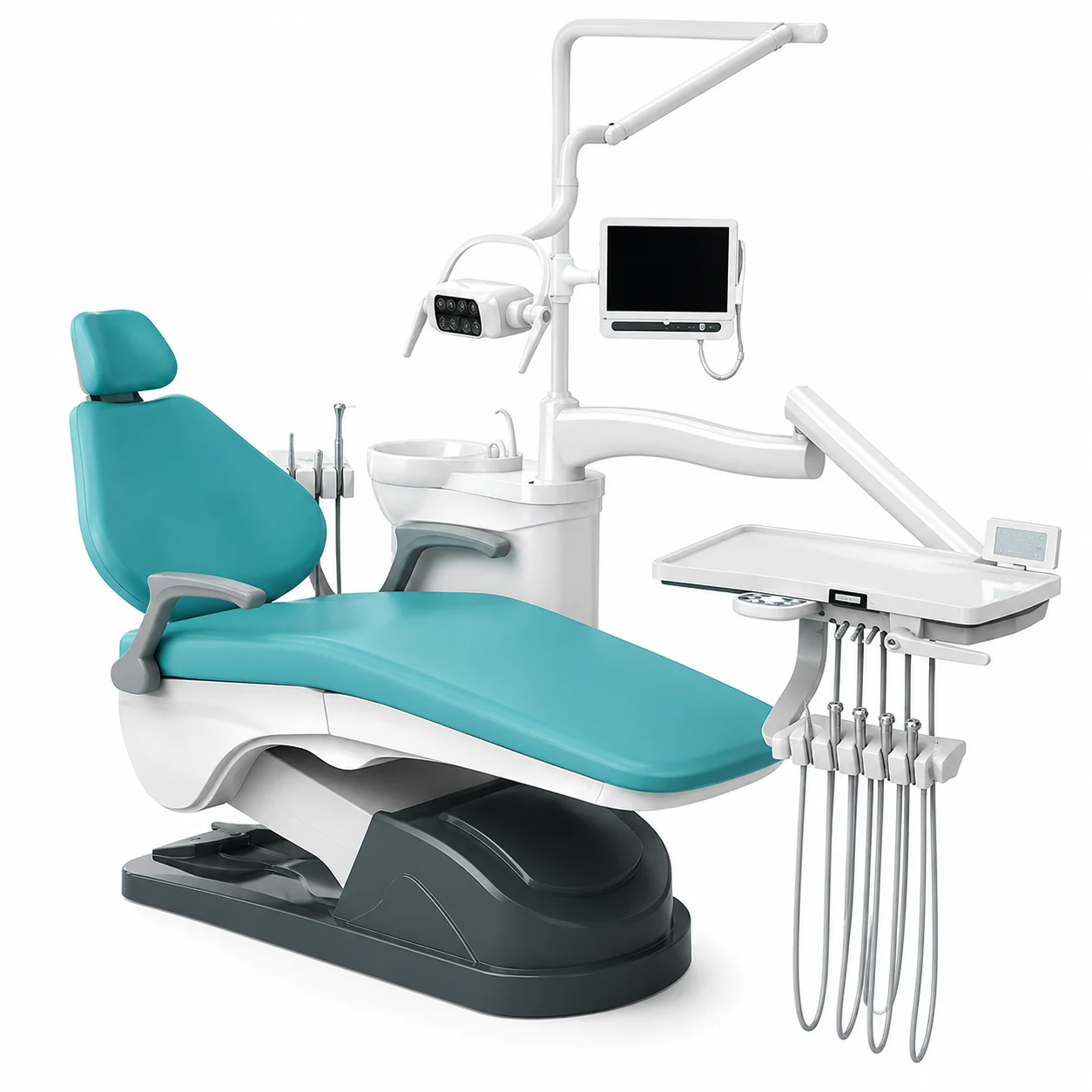 Dental clinic chair with teal upholstery and attached dental tools and monitor, ready for patient treatment.