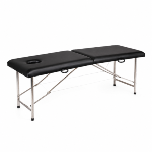 Portable massage table with black padded surface and a headrest hole; stainless steel frame on a white background.