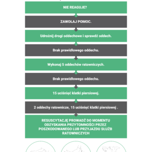 Infographic from Medyczny.eu showing step-by-step pediatric CPR: check responsiveness, call for help, open airway, check breathing, give 5 rescue breaths, then chest compressions and continue as needed.