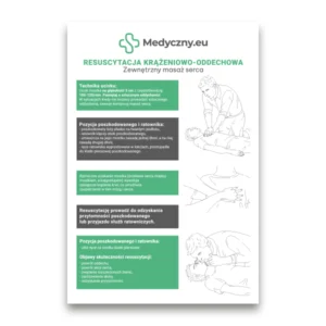 Polish CPR infographic explaining external chest compressions with step-by-step instructions and illustrations.