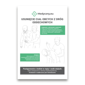 Infografika: usuwanie ciał obcych z dróg oddechowych — zilustrowane techniki (uderzenia międzyłopatkowe, ucisk nadbrzusza) z zielonymi komentarzami i wskazówkami dla kobiet w ciąży oraz osób otyłych.