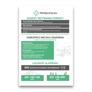 Polish first-aid infographic with title ZASADY WZYWANIA POMOCY, step-by-step emergency guidance, safety tips, and emergency numbers (999, 112, 601 100 100, 601 100 300) plus a car illustration on the right.