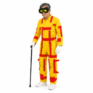 Person wearing a bright yellow hazmat suit with red straps, white gloves, and protective goggles, holding a black walking cane in a white studio setting.