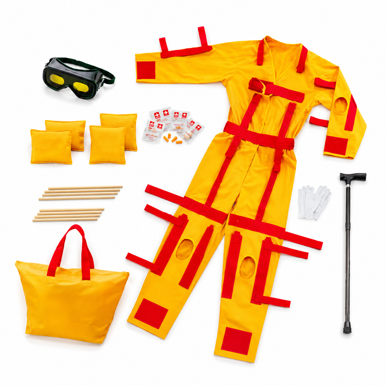 Yellow emergency rescue suit with red straps laid out with goggles, gloves, first-aid sachets, and a cane on a white background.