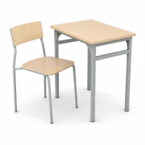 Wooden school desk with light wood top and gray metal legs beside a matching wooden chair in a classroom setting