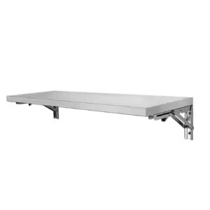 Wall-mounted metal pull-out shelf extended from wall brackets for extra workspace