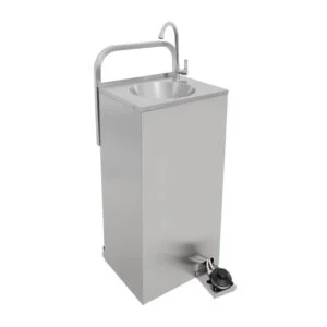 Stainless steel freestanding handwash sink with a curved gooseneck faucet and foot pedal control