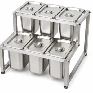 Two-tier stainless steel rack with eight rectangular lidded canisters on it.