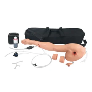 Medical training kit for intraosseous infusion: synthetic arm with insertion site, IV tubing, connectors, and carrying bag.