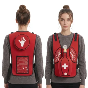 Red medical training vest shown from front and back, with anatomical lungs graphic on the chest and a circular emblem with a hand on the back for CPR training