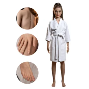 Mannequin wearing a white spa robe with three circular close-ups of skin, nails, and feet to illustrate beauty treatments.