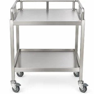 Stainless steel two-shelf utility cart on four caster wheels with raised rails at the top shelf edge.