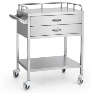 Stainless steel medical cart with two drawers, lower shelf, and four caster wheels on a white background.