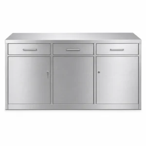Stainless steel sideboard with three top drawers and three bottom doors for storage.