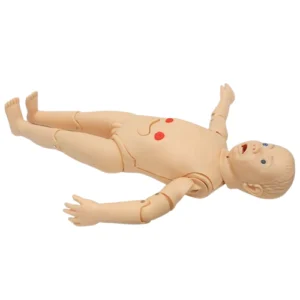 Pediatric CPR training mannequin lying on its back for first aid practice