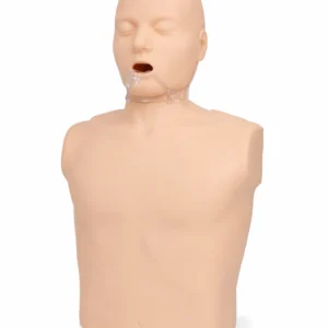 Medical training mannequin head and torso with an oral airway device secured in the mouth for airway practice