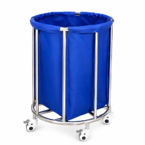 Blue fabric laundry hamper mounted on a round stainless steel wheeled cart for easy mobility.