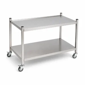 Stainless steel two-tier utility cart on wheels with a small rail on the top shelf for transport.