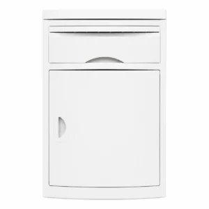 White front-loading clothes dryer with a curved left-side door handle and a small lint-drawer above the door.