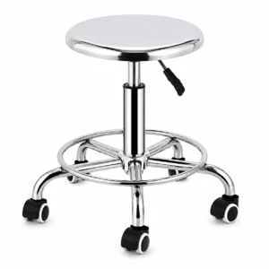 Chrome adjustable-height rolling stool with a circular seat and five caster wheels, including a foot ring and lever on the side